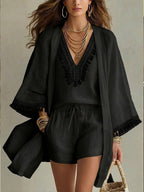 Casual Bohemian Linen And Cotton Cardigan, Sleeveless Top, And Shorts Three-piece Set