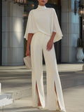 Women's Solid-color Set: Stand-collar 3/4-sleeve Loose-fit Top & High-waisted Wide-leg Pants