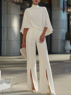 Women's Solid-color Set: Stand-collar 3/4-sleeve Loose-fit Top & High-waisted Wide-leg Pants