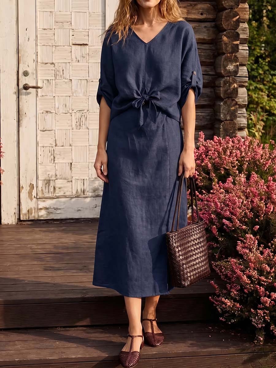 Women's Solid-color Cotton-linen Two-piece Set: Loose-fit V-neck 3/4-sleeve Top & High-waisted A-line Skirt