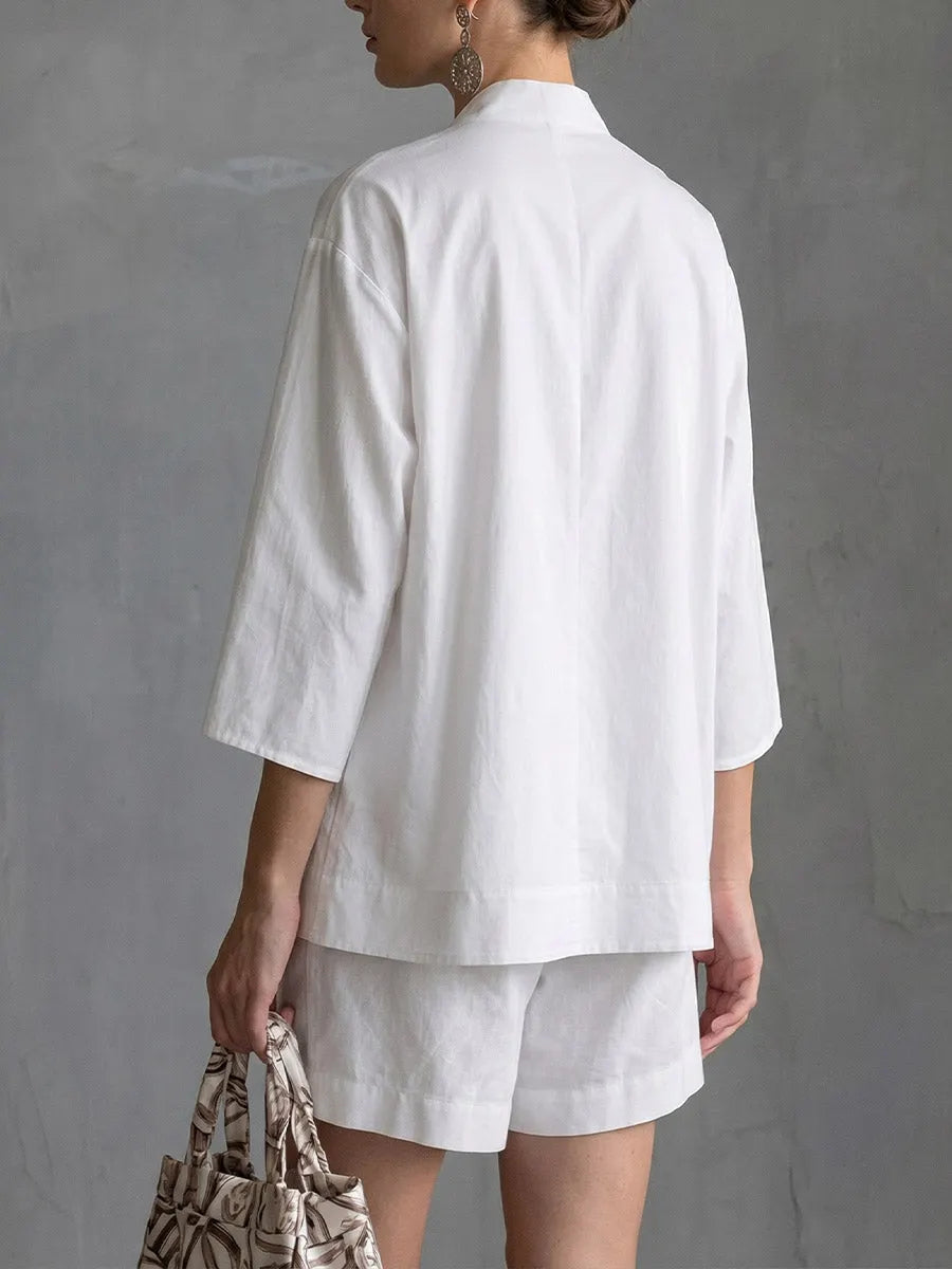 Women's Solid-color V-neck 3/4-sleeve Casual Loose Cotton-linen Top & High-waisted Wide-leg Shorts Set