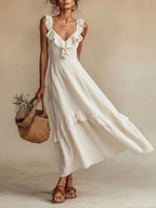 Elegant Ruffled Linen And Cotton Dress