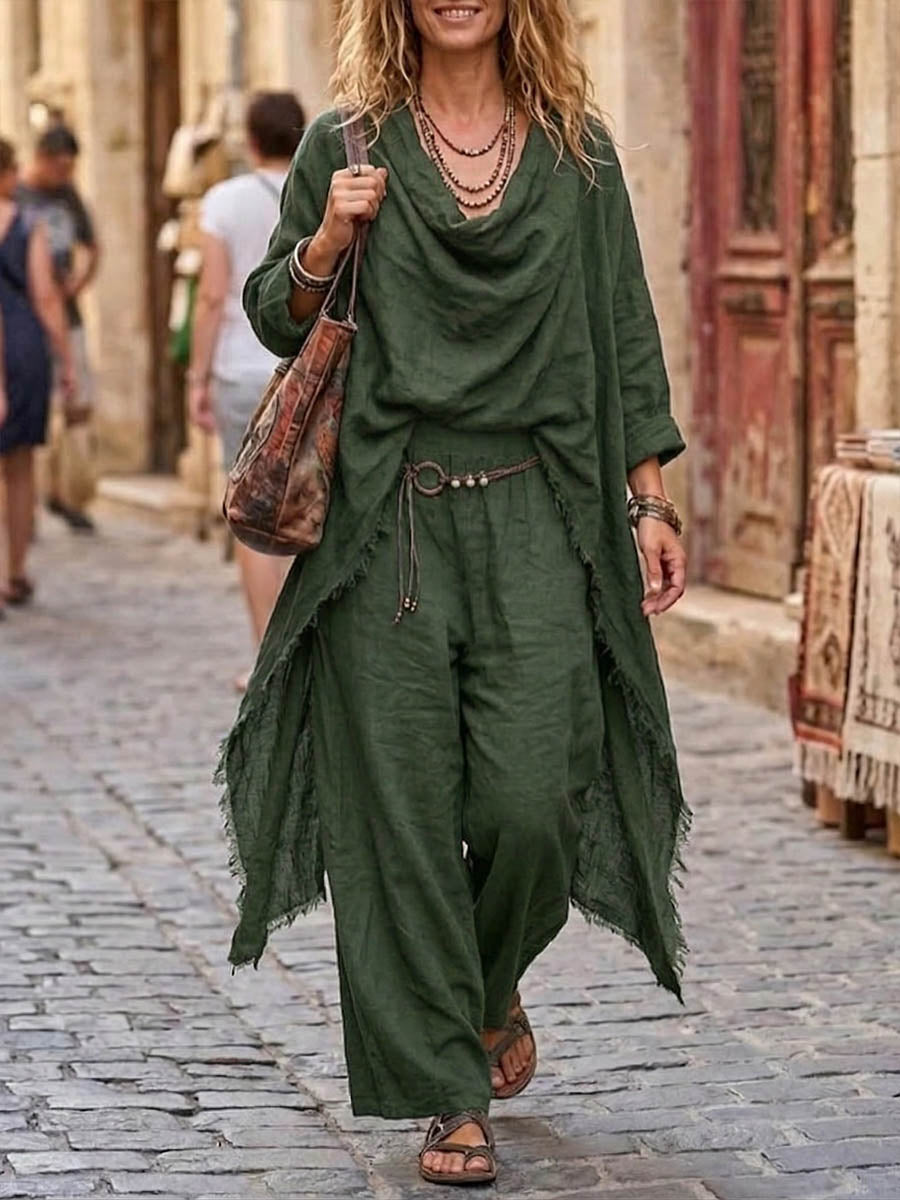 Women's Cowl-neck Long-sleeve Top And High-waisted Loose Wide-leg Pants Cotton-linen Set