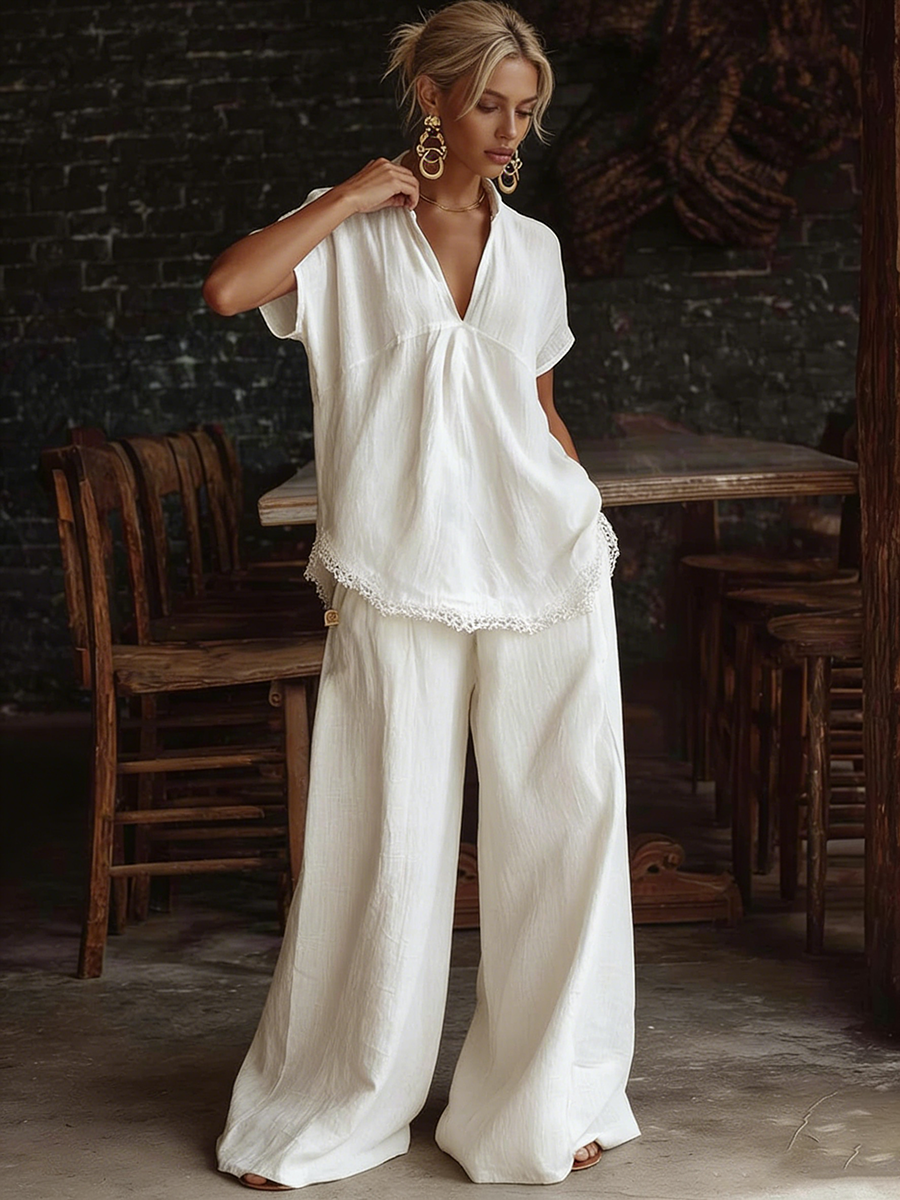 Retro Lace-hem Cotton-linen Two-piece Set