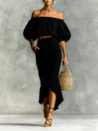 Women's Minimalist Cotton-linen Blend Off-shoulder Skirt Set