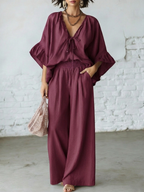 Retro Ruffled V-neck Shirt And Wide-leg Pants Two-piece Set