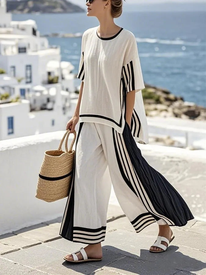 Women'S Loose Slit Contrast Striped Pants Set