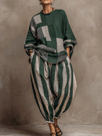 Artistic Stripe Print Cotton-linen Two-piece Set