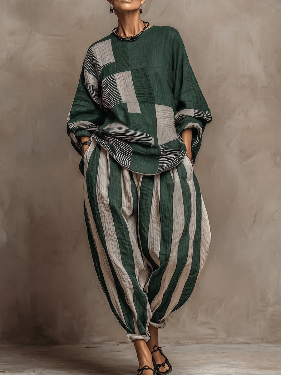 Artistic Stripe Print Cotton-linen Two-piece Set