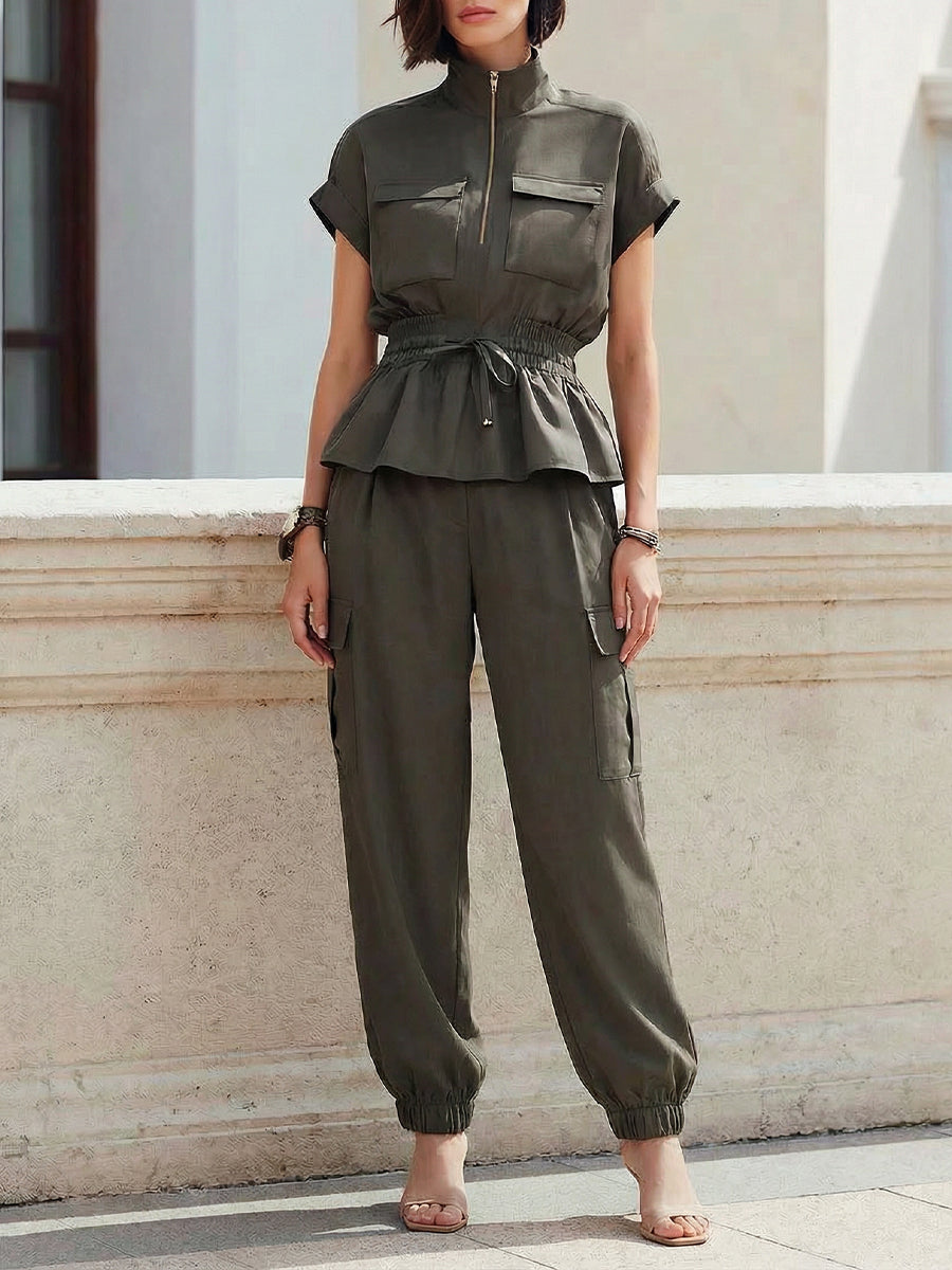 Casual Workwear Style Half-zip Top And Pants Two-piece Set