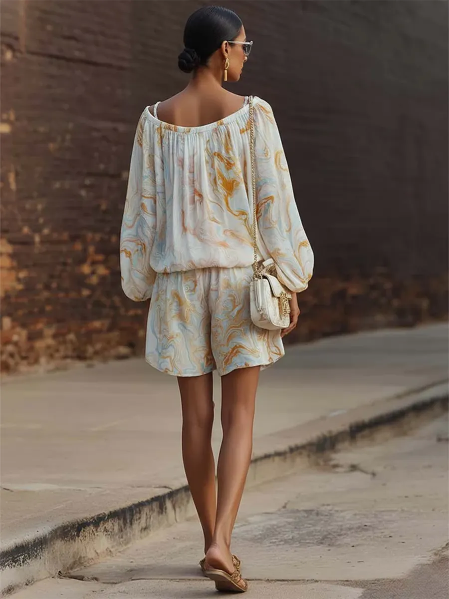 Boho Vintage Print Shirt & Shorts Two-piece Set