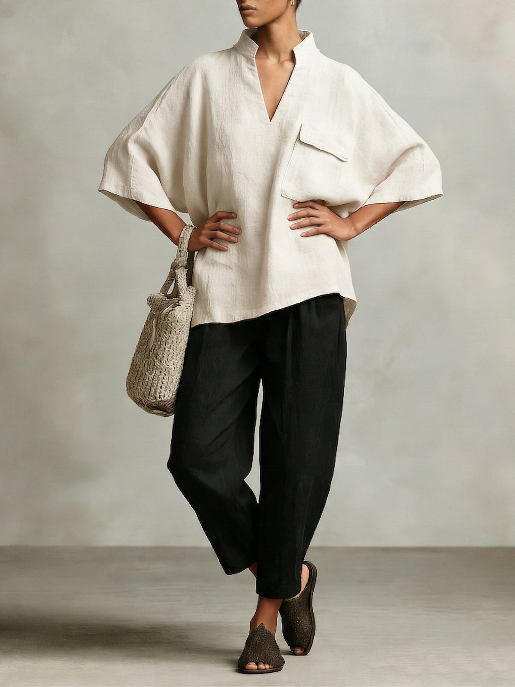 Elegant Stand-up Collar Loose Linen Cotton Two-piece Set