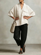 Elegant Stand-up Collar Loose Linen Cotton Two-piece Set