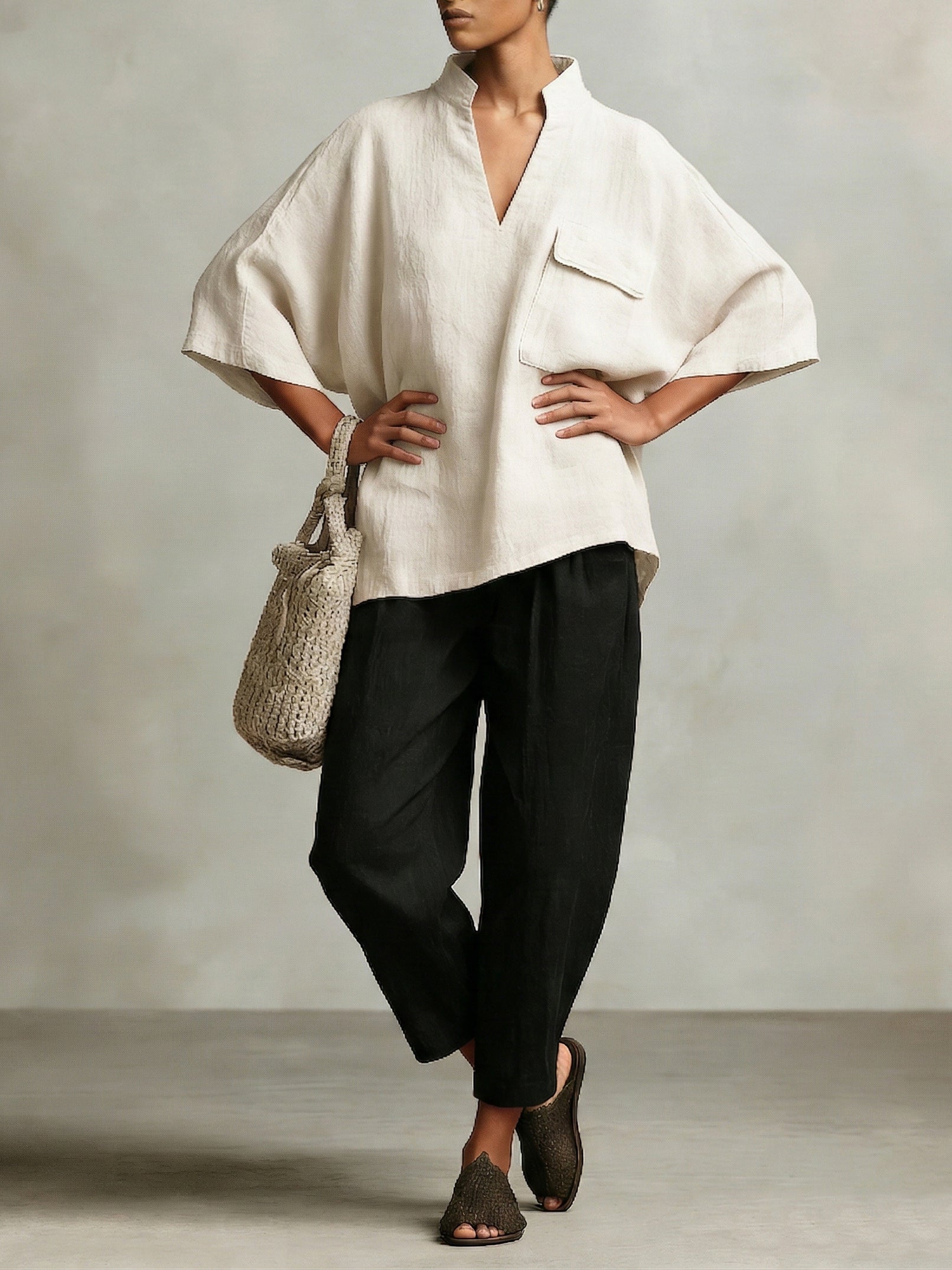 Elegant Stand-up Collar Loose Linen Cotton Two-piece Set