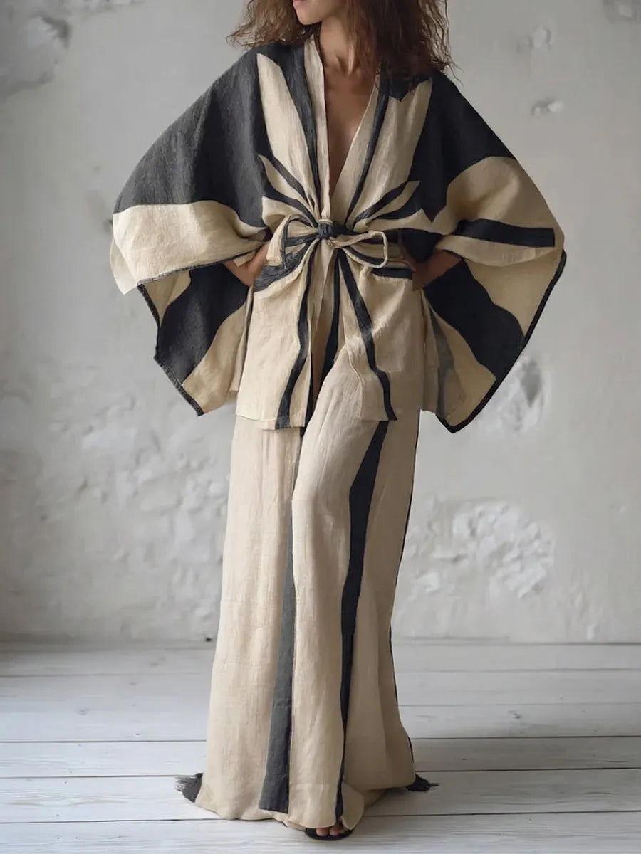 Kimono Ink Wash Linen Tie-strap Top and trousers Two Piece Set