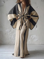 Kimono Ink Wash Linen Tie-strap Top and trousers Two Piece Set