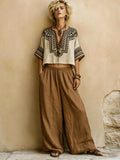 Bohemian Ethnic-print Linen And Cotton Shirt And Pants Two-piece Set