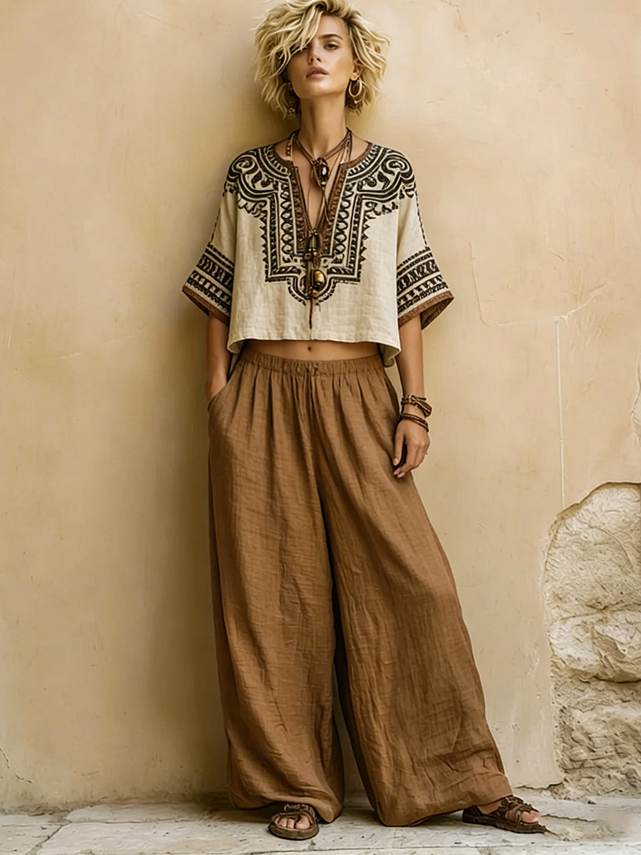 Bohemian Ethnic-print Linen And Cotton Shirt And Pants Two-piece Set