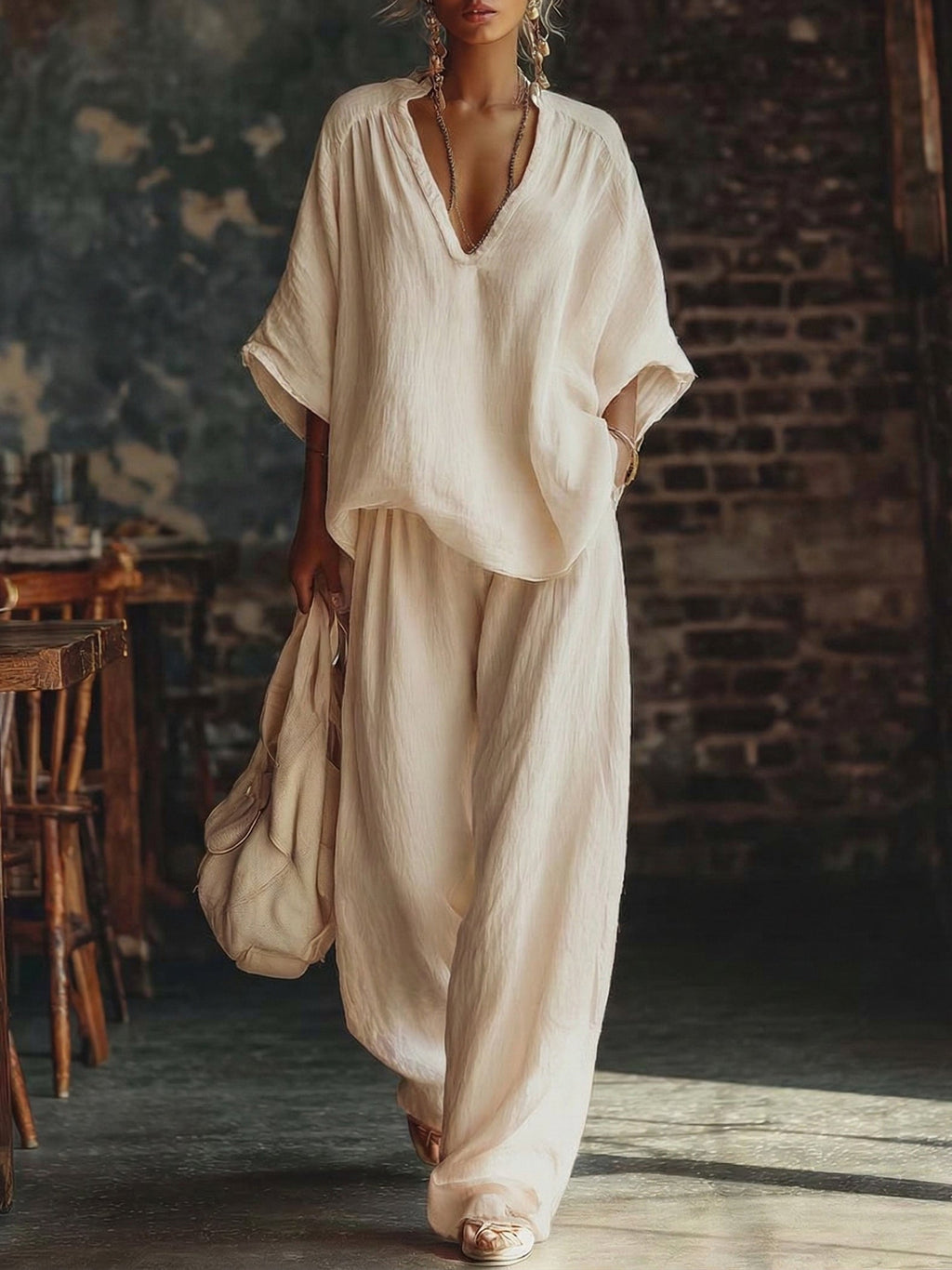 Cozy Minimalist Loose Linen Cotton Two-piece Set