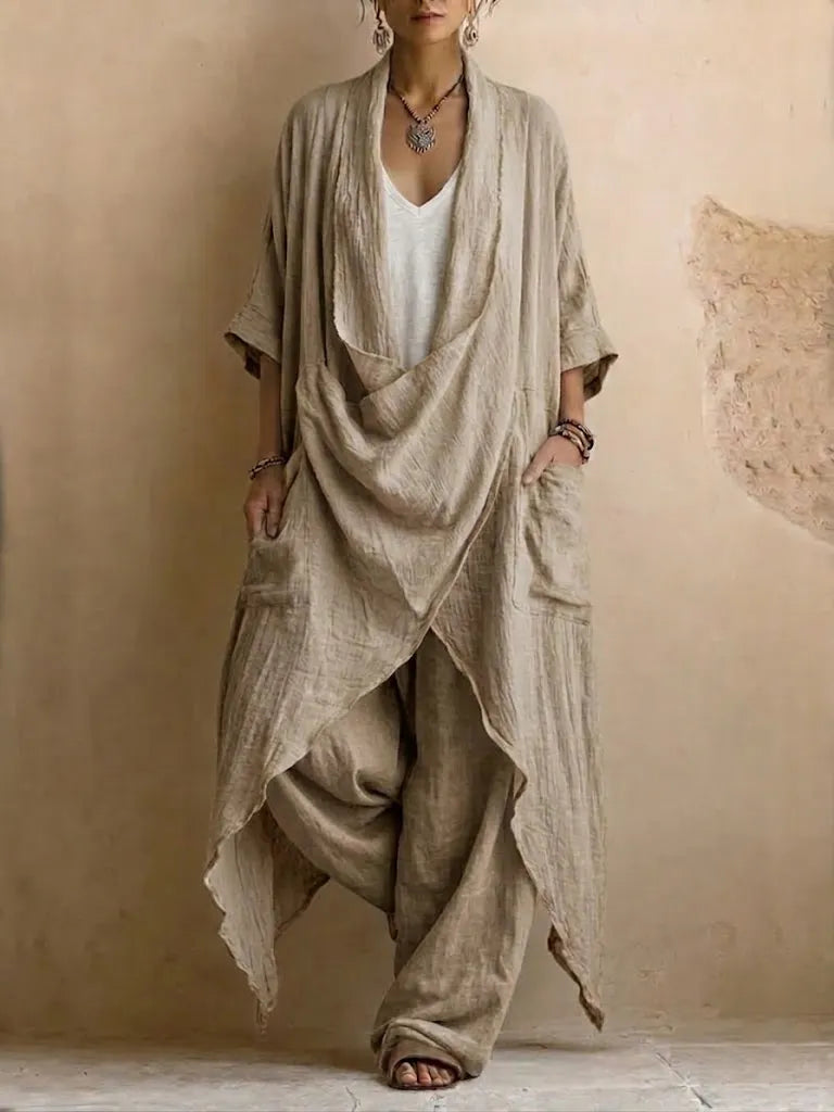 Casual Boho-style Two-piece Set: Long Linen & Cotton Top And Pants