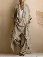 Casual Boho-style Two-piece Set: Long Linen & Cotton Top And Pants