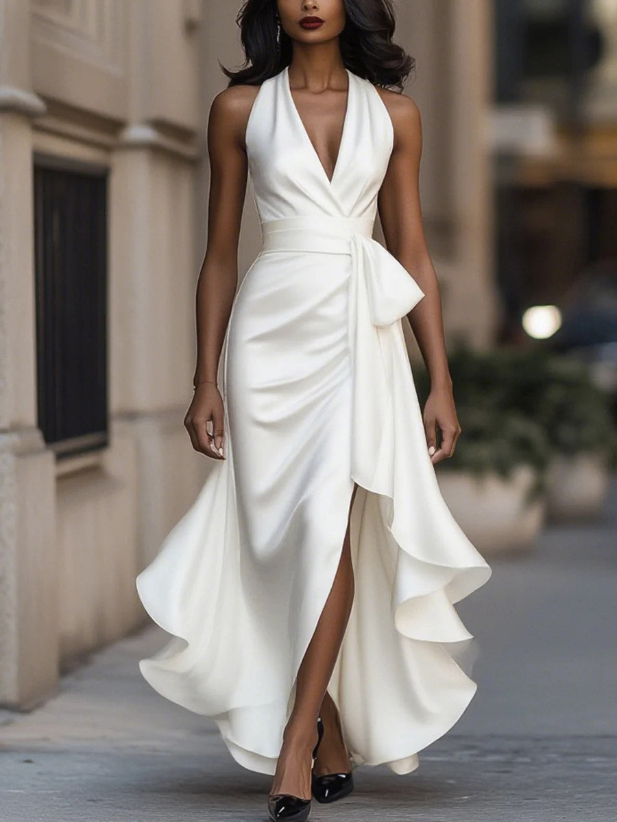 Women's Solid-color V-neck Sleeveless Casual Loose A-line Satin Dress