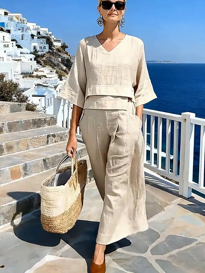 Women'S Casual Solid Color Cotton And Linen Top And Pants Two-Piece Set