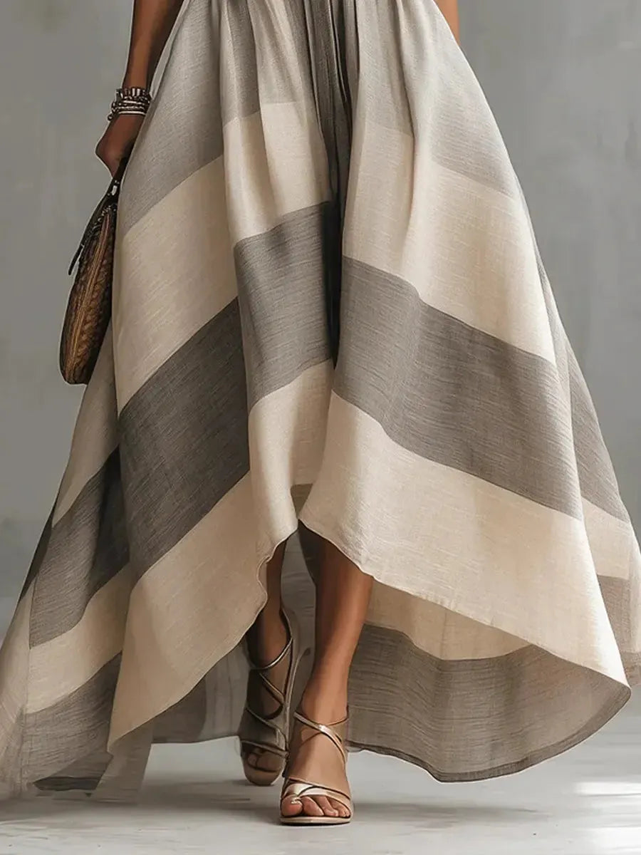 Women's Retro Striped Art Casual Stylish Cotton Linen Maxi Dress