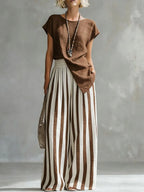 Cozy Loose-fit Striped Cotton-linen Two-piece Set