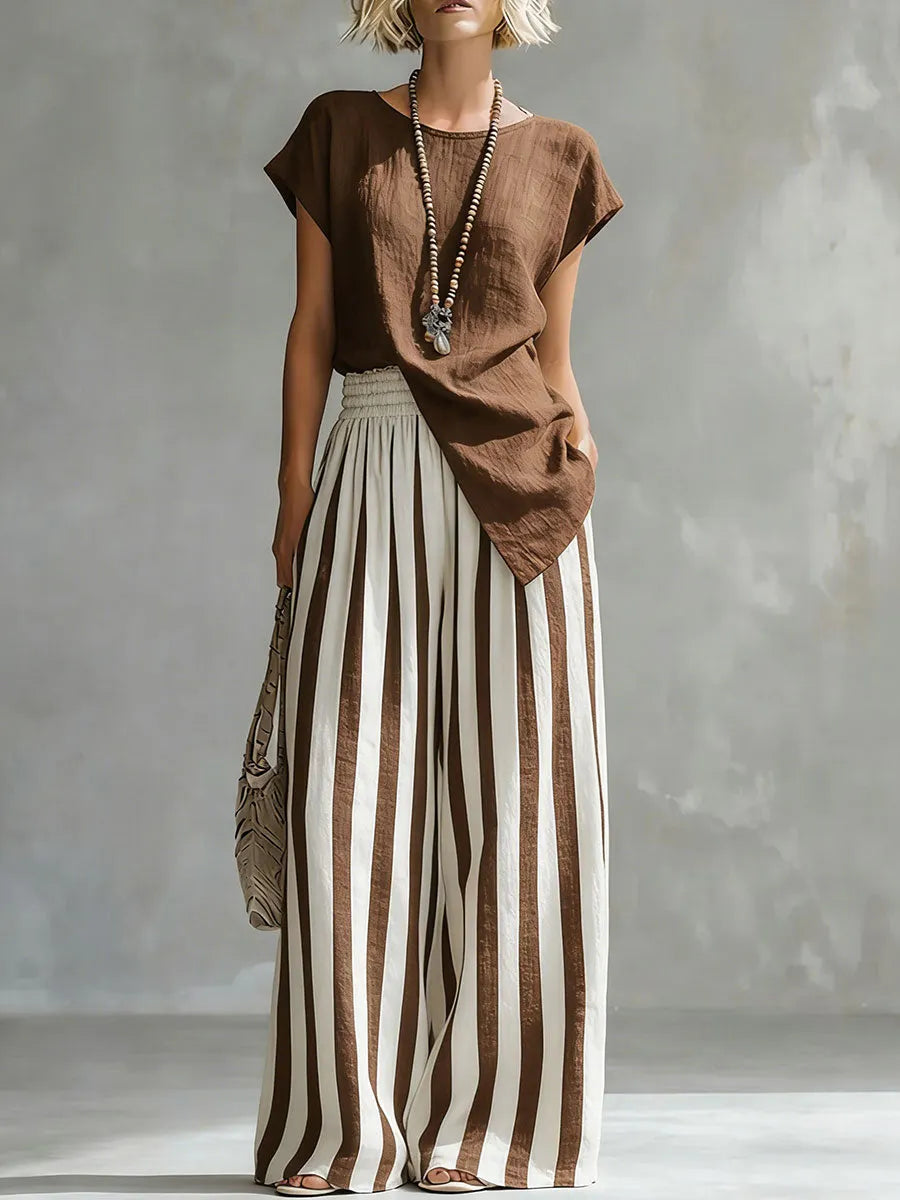 Cozy Loose-fit Striped Cotton-linen Two-piece Set