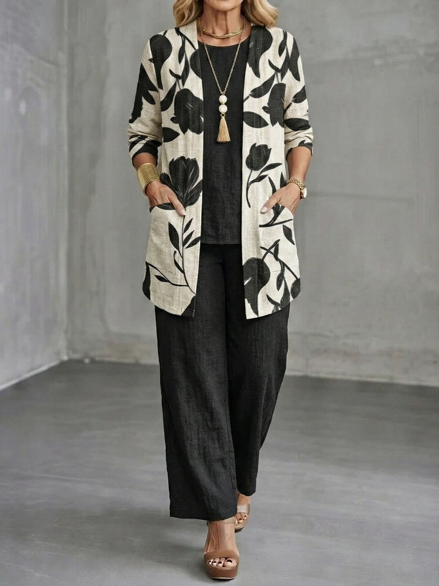 Casual Linen And Cotton Floral Print Cardigan And Sleeveless Top And Pants Three-piece Set