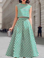 Women's Striped Print Crew Neck Sleeveless Loose-fit Cotton-linen Top & High-waisted A-line Skirt Two-piece Set