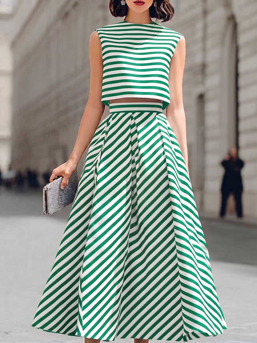 Women's Striped Print Crew Neck Sleeveless Loose-fit Cotton-linen Top & High-waisted A-line Skirt Two-piece Set
