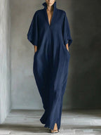 Women's Solid Color Stand Collar 3/4 Sleeve Casual Loose Cotton Linen Dress