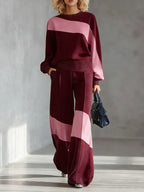 Women's Color-block Round Neck Long-sleeved Casual Loose Wide-leg Pants Knitted Set