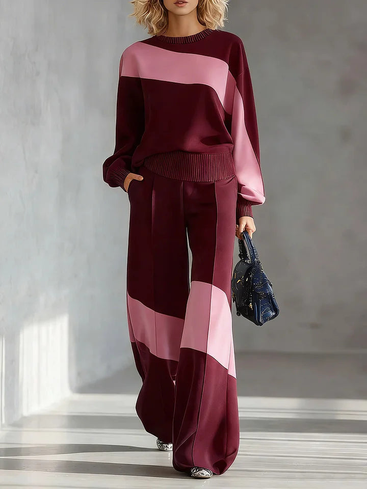 Women's Color-block Round Neck Long-sleeved Casual Loose Wide-leg Pants Knitted Set