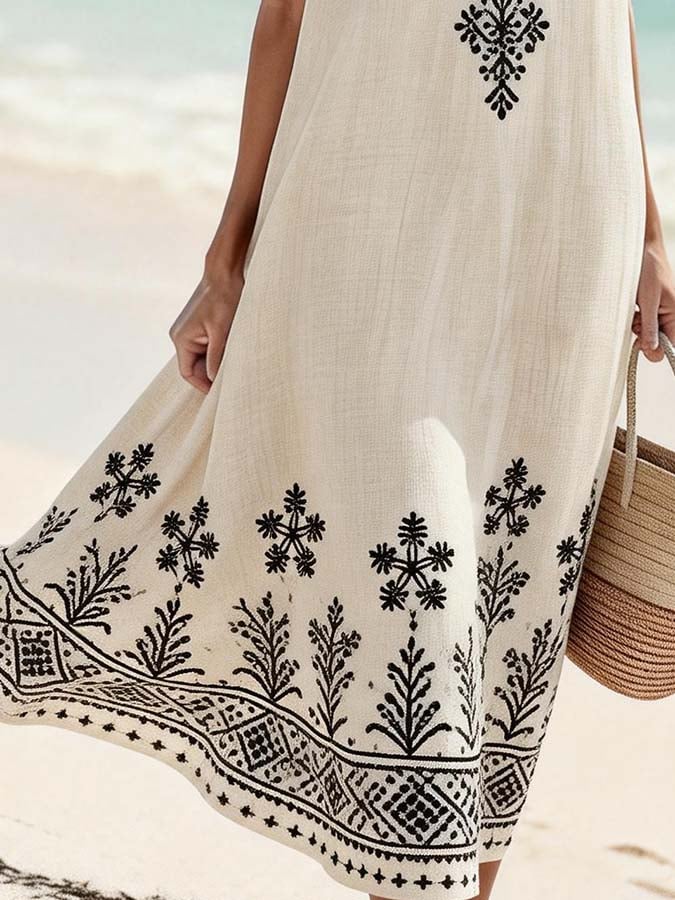 Women'S Round Neck Sleeveless Color-Block Printed Dress