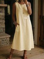 Women's Round-neck Buttons Cotton-linen Dress