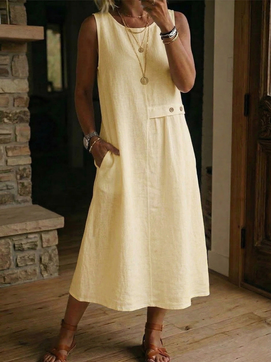 Women's Round-neck Buttons Cotton-linen Dress