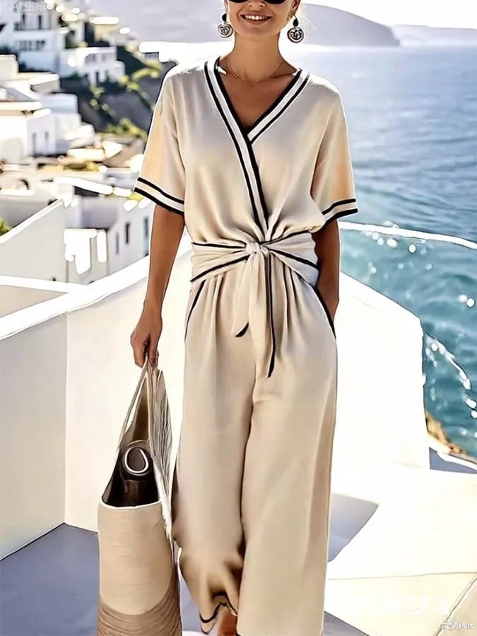 Women'S Loose Striped Printed Knot Wide Leg Pants Set