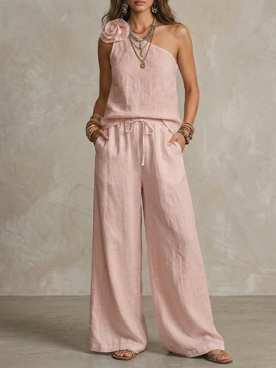 3d Floral One-shoulder Sleeveless Top And Pants Set