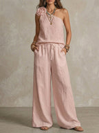 3d Floral One-shoulder Sleeveless Top And Pants Set