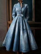 Ursime Light Blue Denim Stand Collar Long Sleeve Pocket Pleated Belt Maxi Dress