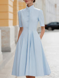 Women's Solid-color Stand-collar Short-sleeve Loose-fit Cotton-linen Casual Dress