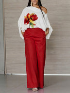 Stylish And Comfortable Two-piece Set: Floral-print Linen-cotton Top And Solid-color Trousers