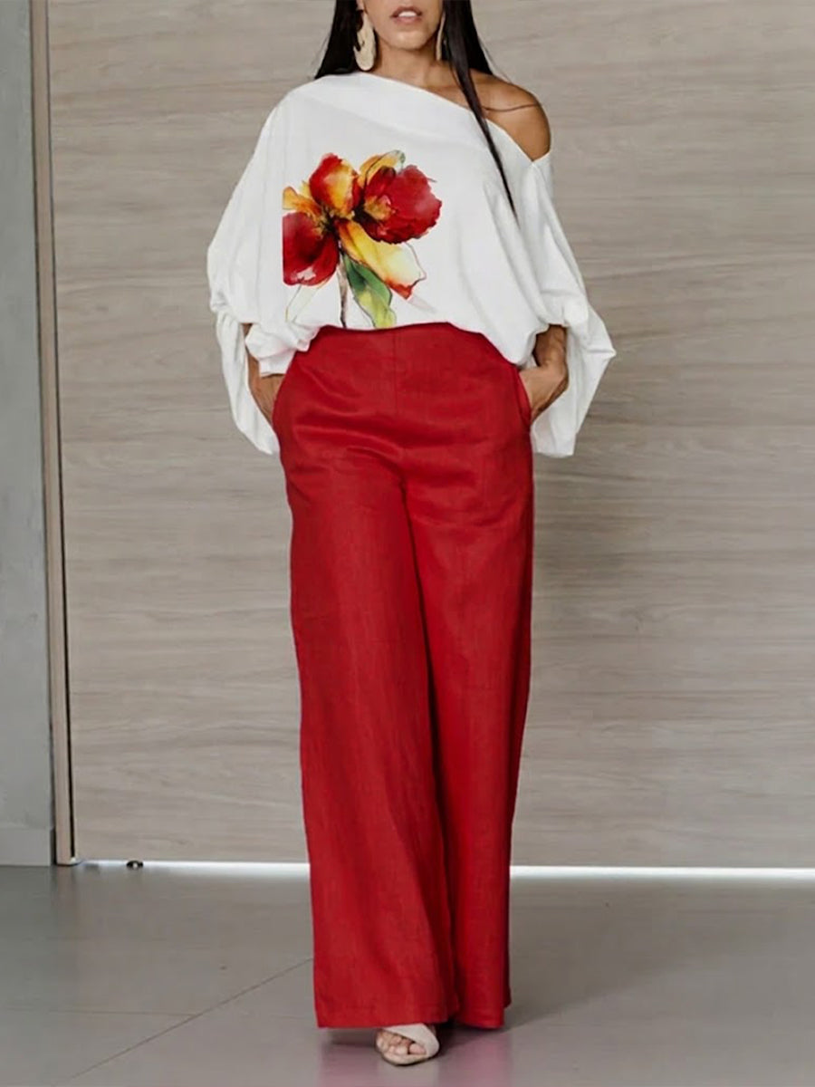 Stylish And Comfortable Two-piece Set: Floral-print Linen-cotton Top And Solid-color Trousers