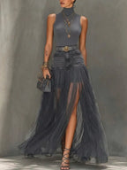 Stylish Two-piece Set: Sleeveless Knit Top And Paneled Mesh Denim Skirt