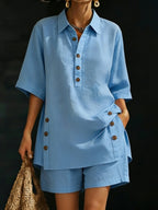 Cozy Loose-fitting Button Shirt And Shorts Linen Two-piece Set