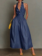Women's Striped Print Lapel Sleeveless Casual Loose Cotton-linen Top & High-waisted A-line Skirt Set