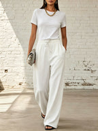 Solid-color Casual Long-sleeve Set: Top & High-waisted Wide-leg Pants